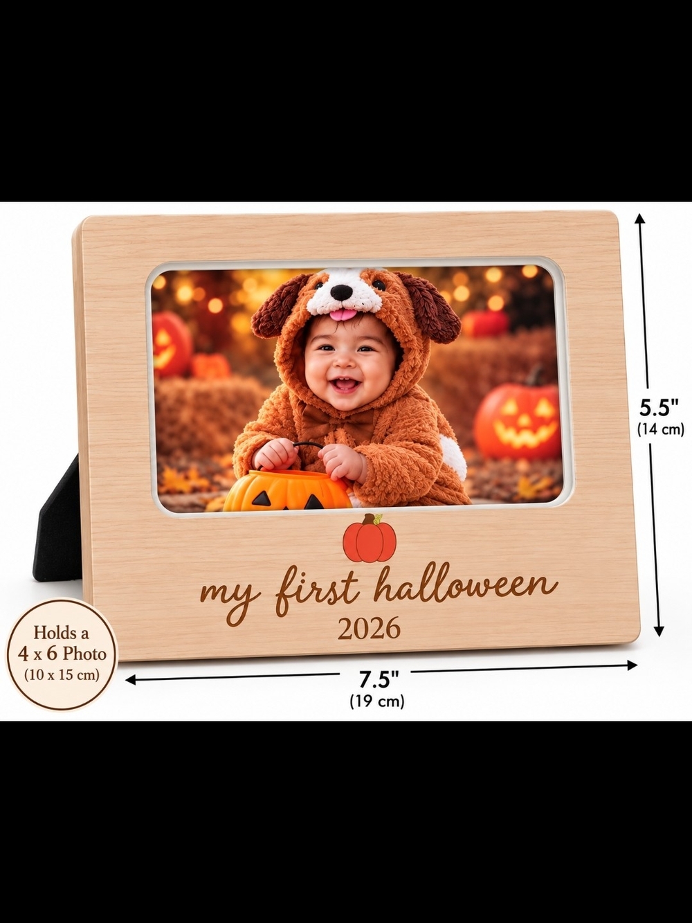 My First Halloween 2026 Wooden Photo Frame - Pumpkin Accent (Brown)